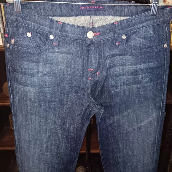 Rock & Republic Vintage Women's Blue Jeans with Pink Accents - Picture 3 of 11